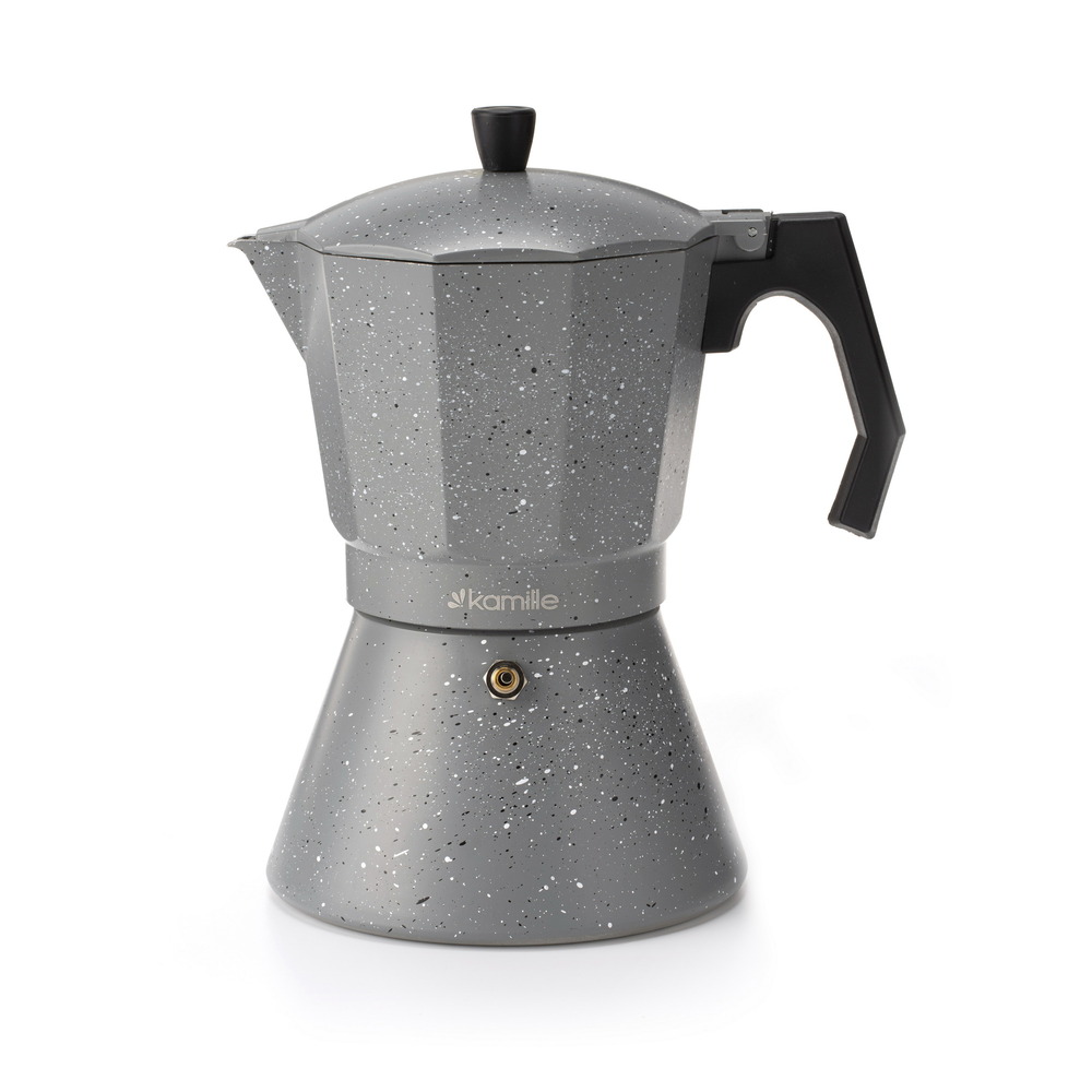 Гейзерная кофеварка Kamille 2519gr 600 мл на 12 порции из алюминия с индукционным дном серый мрамор